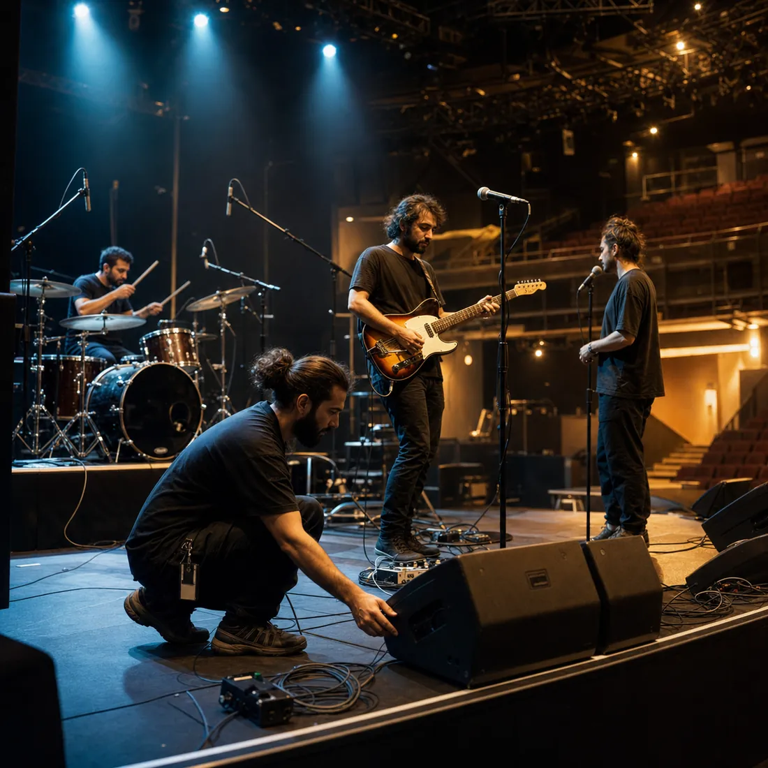 İstanbul'da canlı müzik soundcheck'i yapan müzisyenler ve teknik ekip